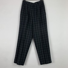 Vintage 90s Womens 30" Window Pane Pleated Gray Wool Blend Pants Dark Academia
