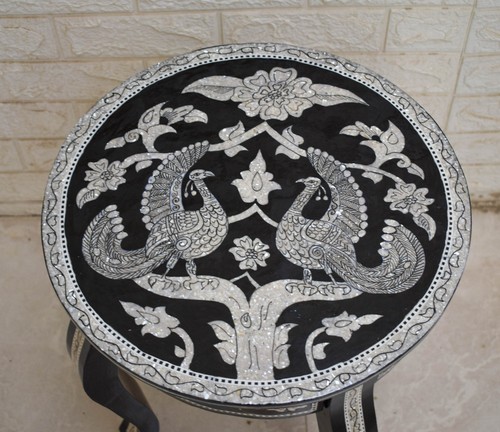 Handmade 16" Round Side Coffee Table, Moroccan Mother of Pearl Inlaid Persian - Picture 2 of 6