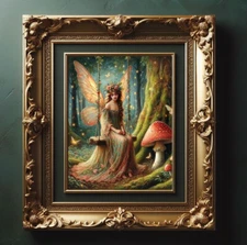 Forest Fairy on swing, Mushroom, Whimsical Fantasy Vintage painting print Art
