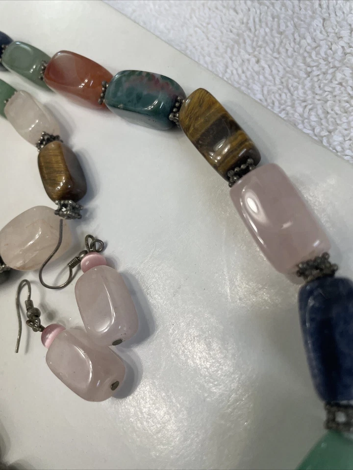 Juego de pendientes pulsera collar piedra pulida tallada a mano ágata jade jaspe cuarzo Foto 3 de 4