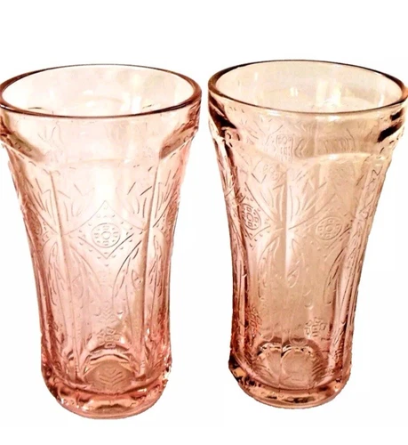 Pair of Pink Depression Indiana Glass Madrid Pattern 6.25" Tumbler  14oz Vintage