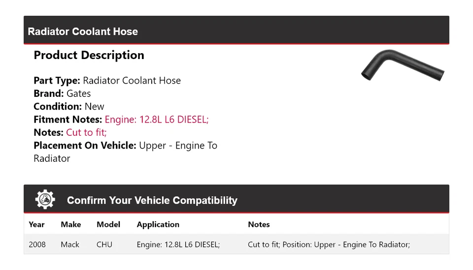 Верхний шланг охлаждающей жидкости для радиатора 2008 Mack CHU — от двигателя до ворот радиатора - Изображение 2 из 4
