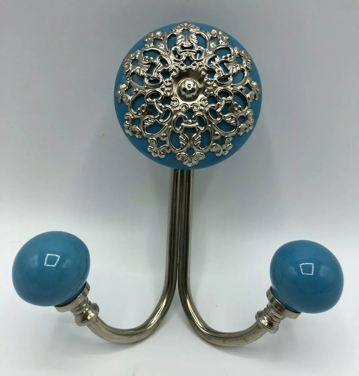 Wall Mount Double Hook Blue Ceramic Coat Hook w Ball Tips & Silver filegre