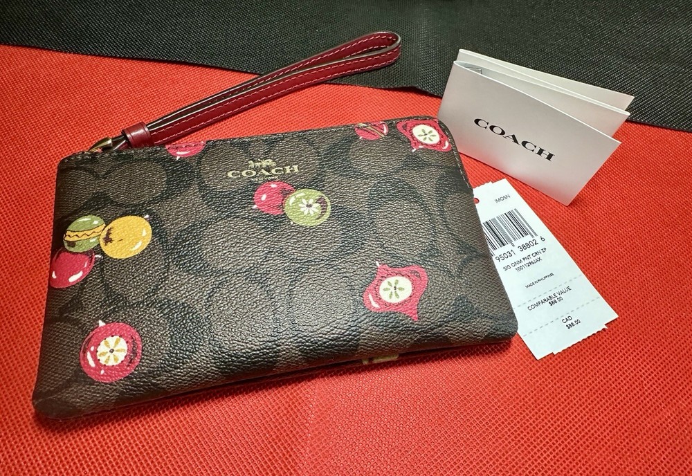 NWT COACH Signature Print Wallet Wristlet with Holiday Ornament Print Christmas