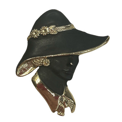 Torino ? Lady Black Hat Gold Tone Brooch Pin 2.25'' Matte Enamel Vintage