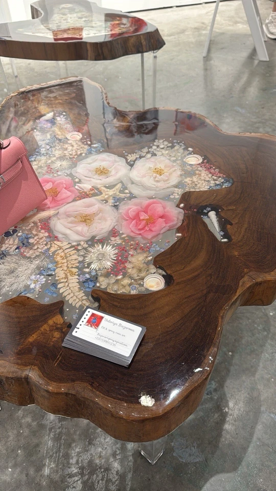 Wooden Epoxy Resin Table Teakwood With Natural Dried Flowers - Image 3 of 4