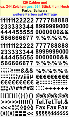 Zahlen Je 12 Stück + ca.244 Zeichen 4 cm hoch Sticker Aufkleber Farbe Schwarz
