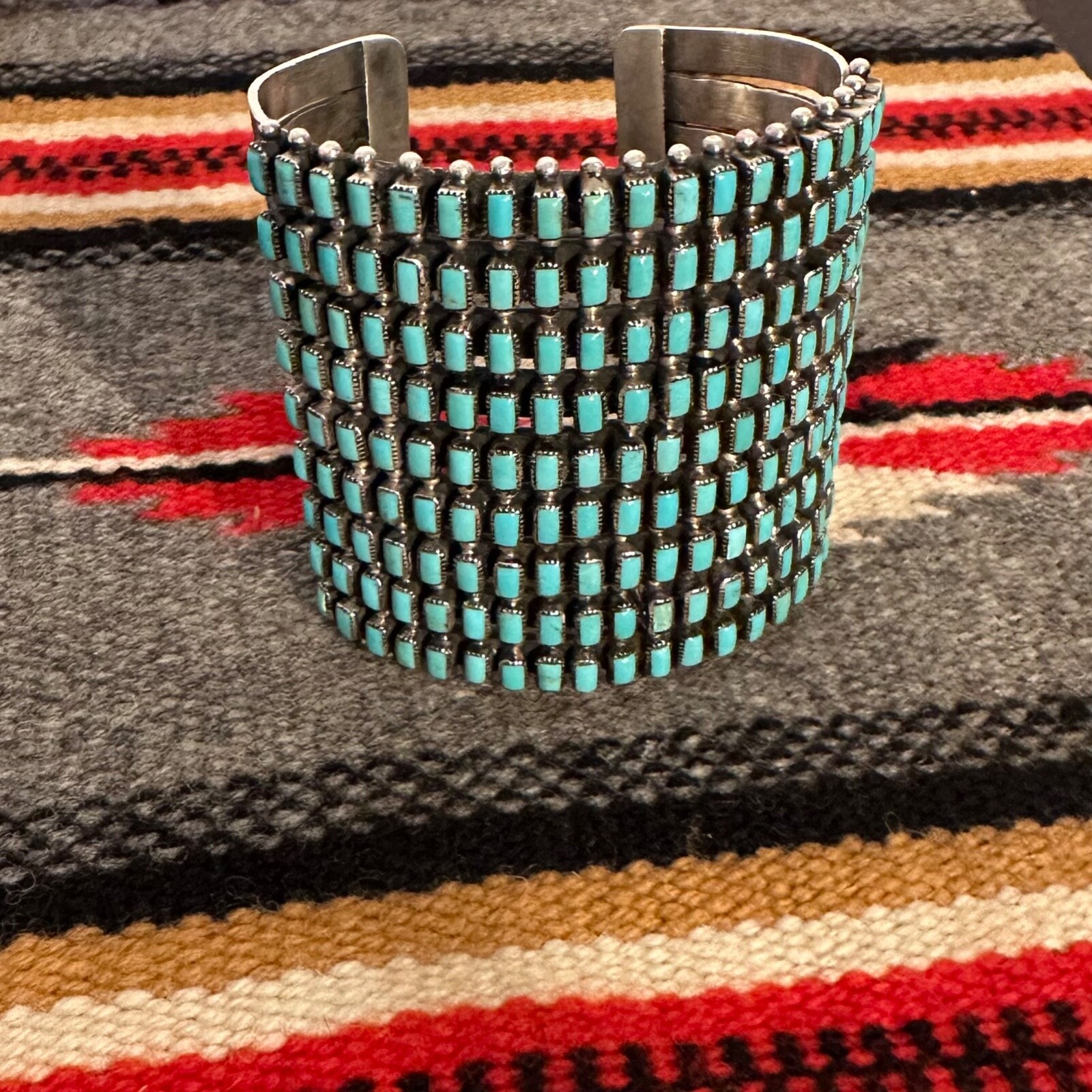 HISTORIC ZUNI ROW CUFF - STERLING SILVER, NINE ROWS OF SQUARE SET ...