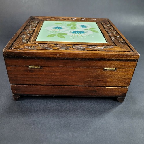 Vintage Hand Carved Wood Tile Top Trinket Jewelry Box Rustic Boho Floral - Picture 10 of 12