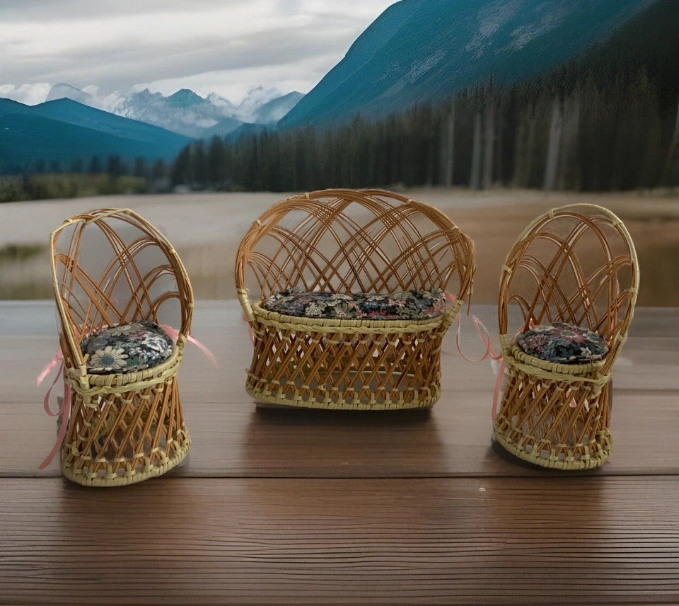 VTG Doll Barbie Furniture Wicker Rattan Patio Sofa+ 4Chairs,5 Pads MCM Boho 10pc - Image 2 of 4