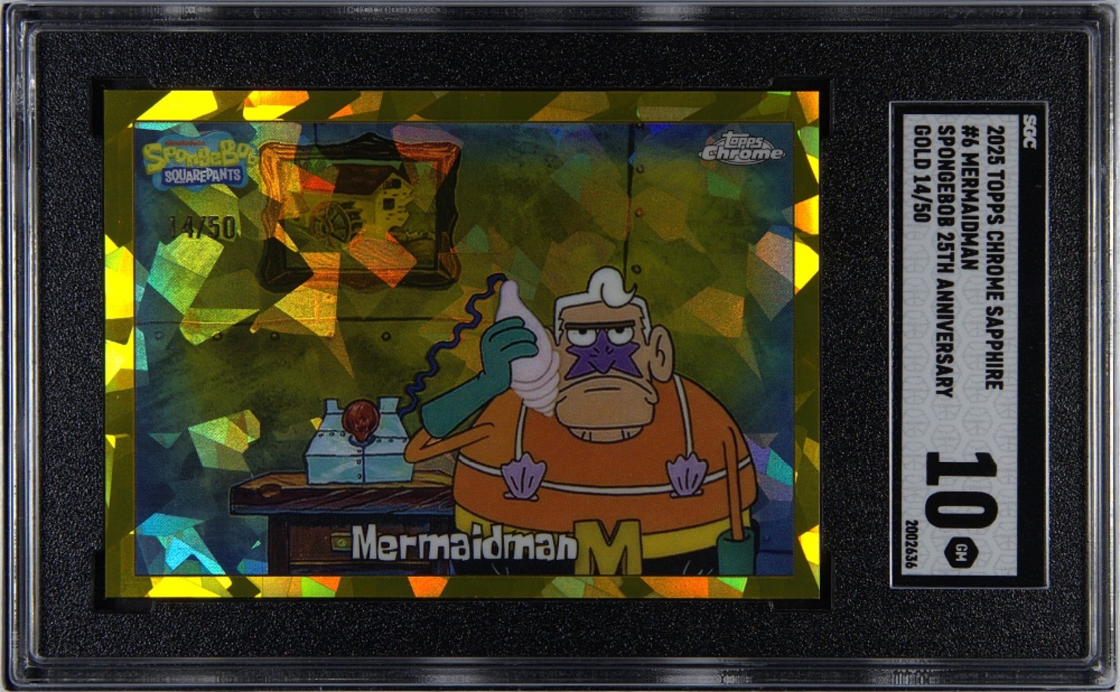 2025 Topps Chrome SpongeBob SquarePants Sapphire Mermaidman Gold /50 #6 SGC 10