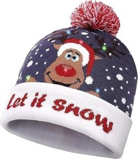 Christmas "Let It Snow" Knit Beanie With Reindeer  Pom-Pom LED Light Up