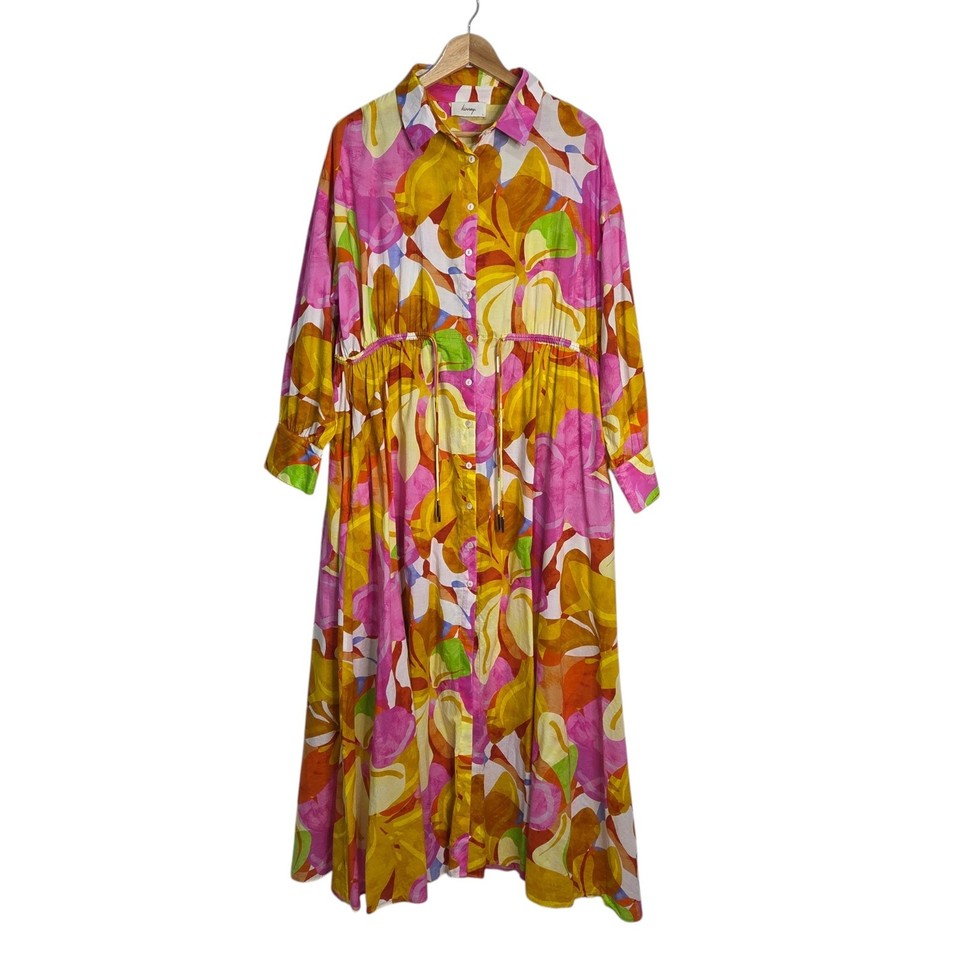 Kinney Size L Isla Shirt Dress Capri Abstract 100% Cotton Button Long Slv Maxi