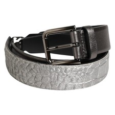 DOLCE & GABBANA Belt Black Silver Pebbled Texture Leather Buckle Men 85cm / 34in