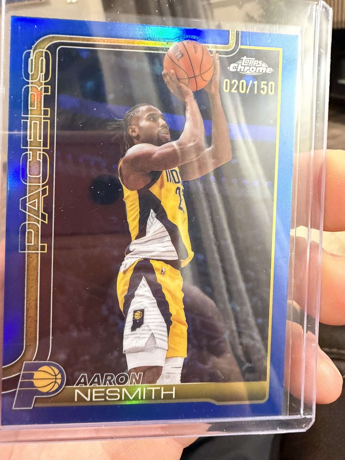 2025-26 Topps Chrome Update Aaron Nesmith Blue Refractor #020/150 Pacers