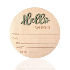 Baby Announcement Sign,  5.9 Inch Wooden Hello World Newborn Signs, Birth Announ