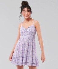 Hollister Lavender Floral Babydoll Mini Dress Sz Large