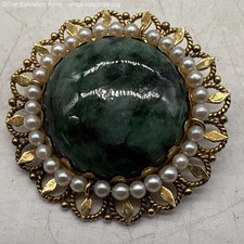 Vintage Yellow Gold Jade & Pearl Floral Brooch//Tests 9.40K (Marked 14K) 12.6g