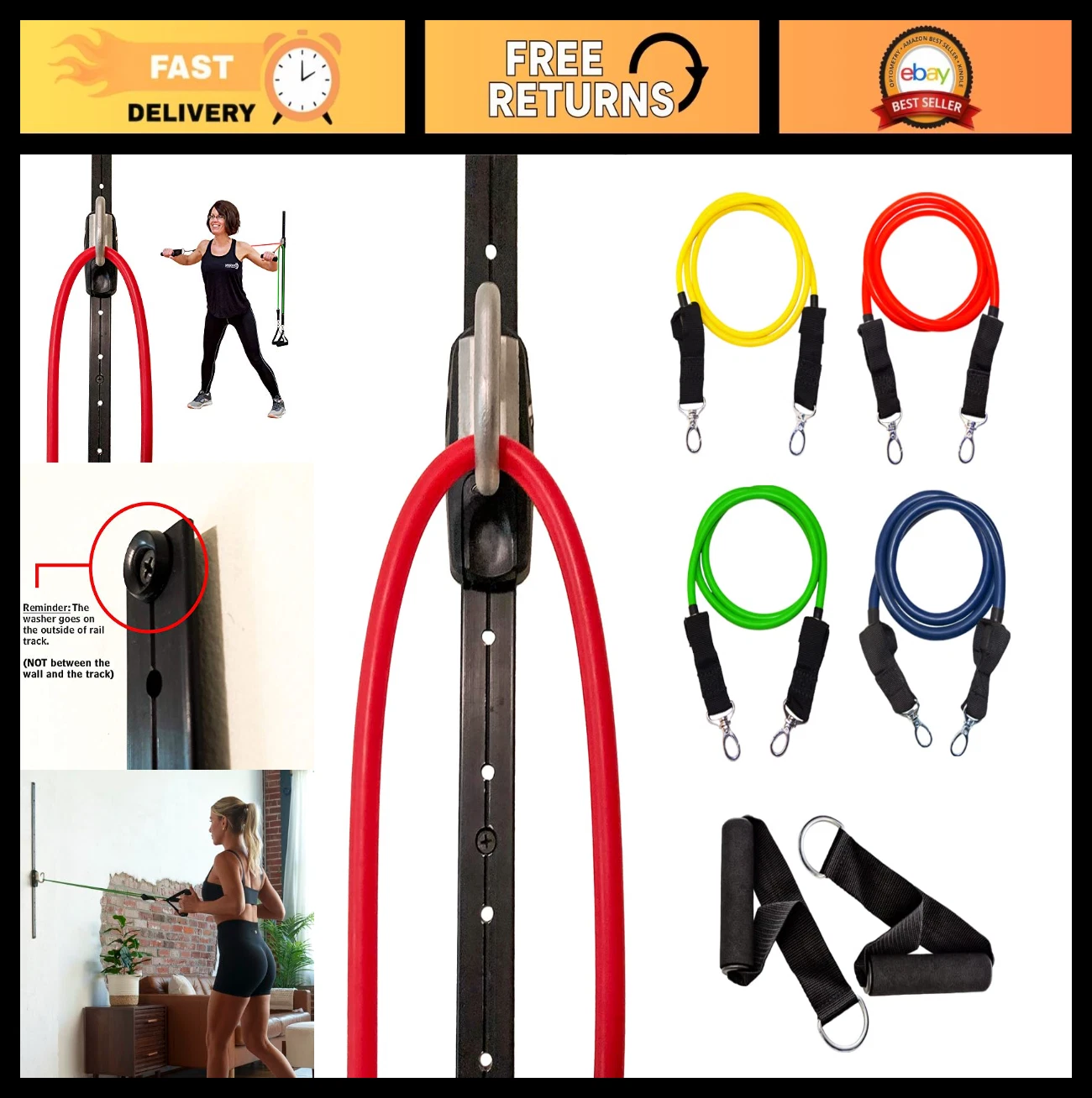 Space Saver Resistance Bands for Home Fitness Workout | Wall Anchor & Rail Syste