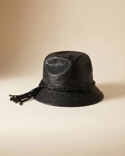 1960s Frederick Nelson Black Straw Hat Textured Bucket Cloche with Tassel