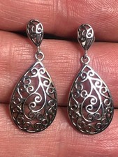 B0635 Sterling Silver Filigree Drop Dangle Earrings 925 Teardrop Design 2.4gr