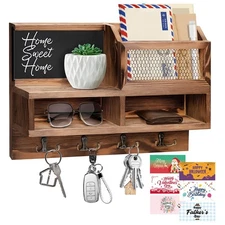 Wooden Mail, Key Organizer, Wall Mount Holder, Chalkboard, Mirror,8 Hooks,Brown