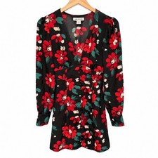 Urban Outfitters Floral Mini Dress Small Black Red V Neck Puff Sleeve