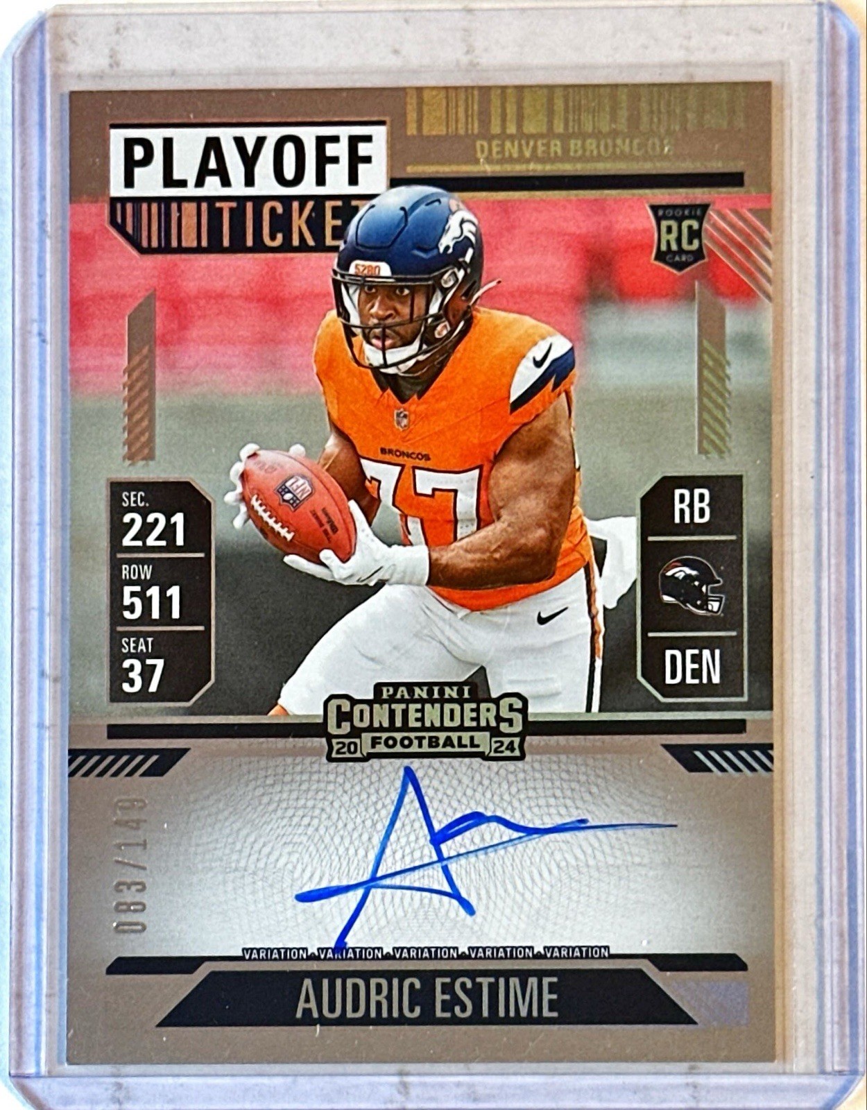 Audric Estime 2024 Panini Contenders Rookie Variation Playoff Ticket Auto /149