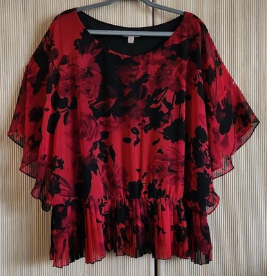 CB established 1962 Women's Blouse Size 3X Red Black Floral Pullover Peplum EUC