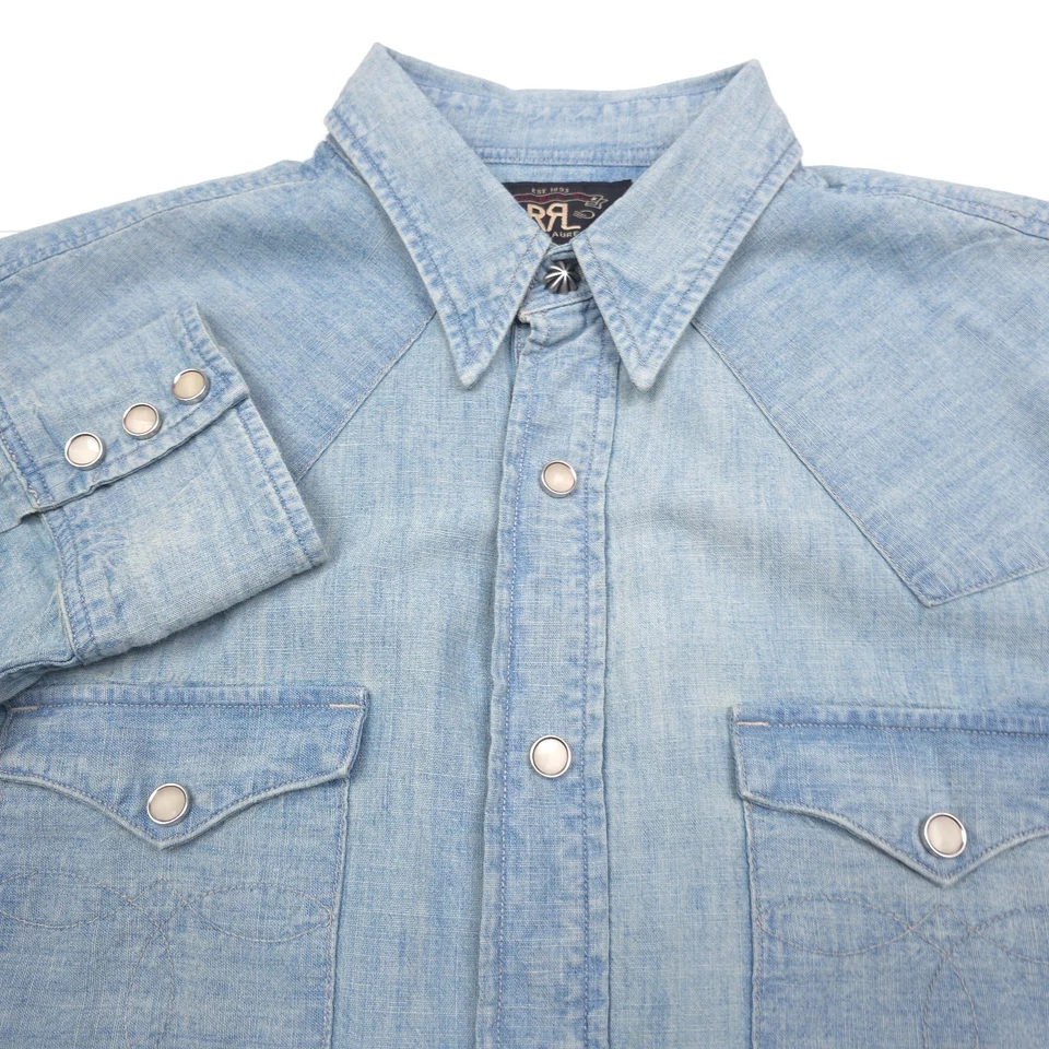 RRL Ralph Lauren Camisa Occidental A Presión Azul Algodón Cambray Perla Desteñido Para Hombres Pequeña Foto 3 de 4