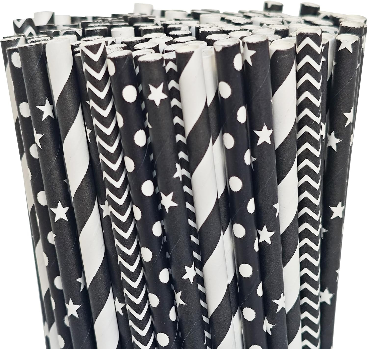 200 Black Straws, Biodegradable Black and White Paper Striped Straws for Birthda