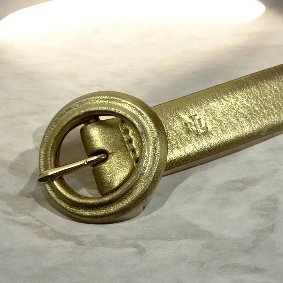 De Colección Lauren Ralph Lauren LRL Dorado Cuero Metálico Talla M Vestido Cinturón Hebilla Círculo Foto 3 de 4