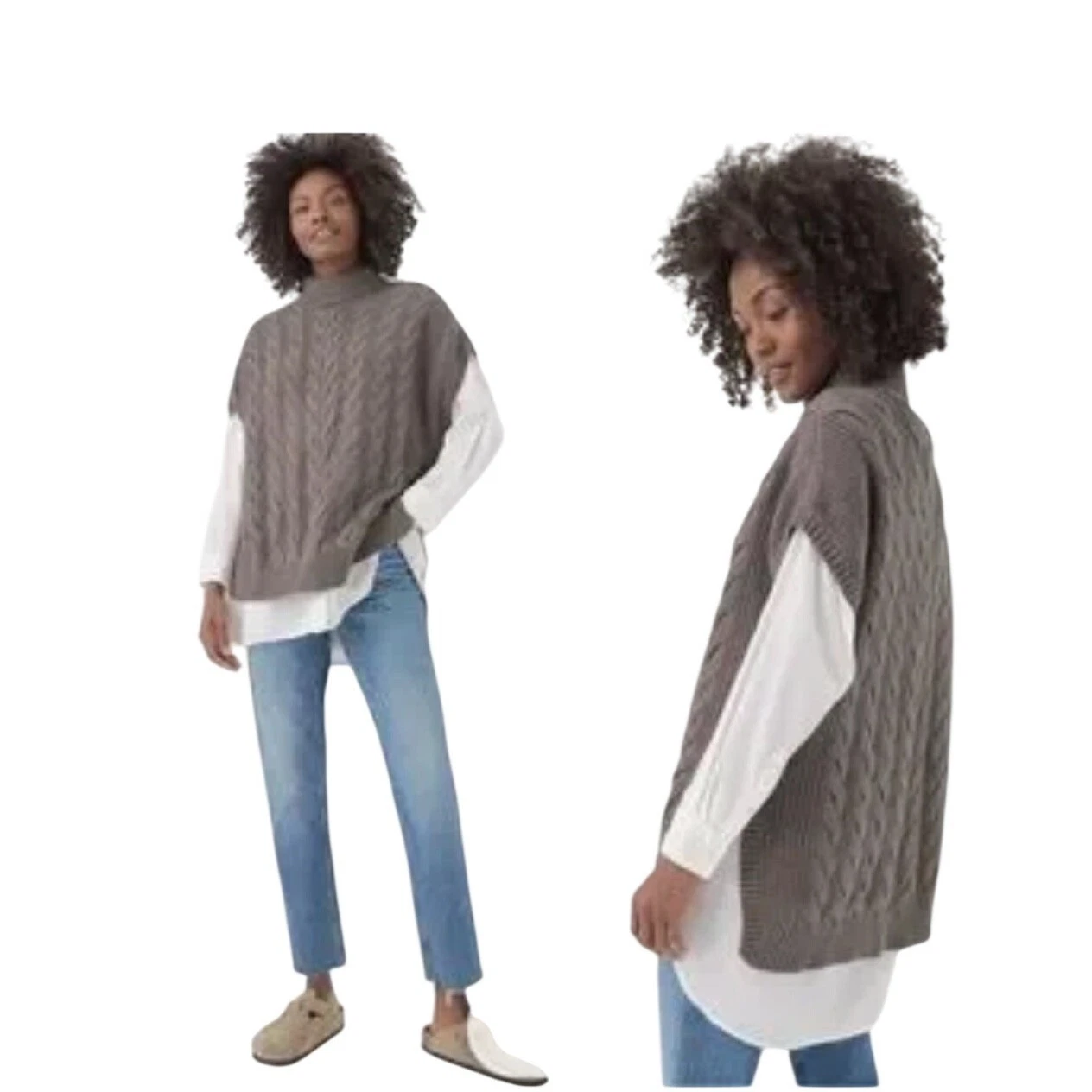 Pact Oversized Chunky Cable Knit Poncho Sweater Vest M Fisherman Organic Cotton