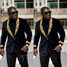 Gold Appliques Men Suits Black Velvet Wedding Groom Party Tuxedo Prom Blazers