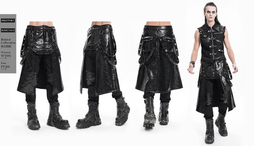 Devil Fashion Men Black Gothic Punk Rock Eyelet Strap Synthetic Leather Skirt - Picture 10 of 20