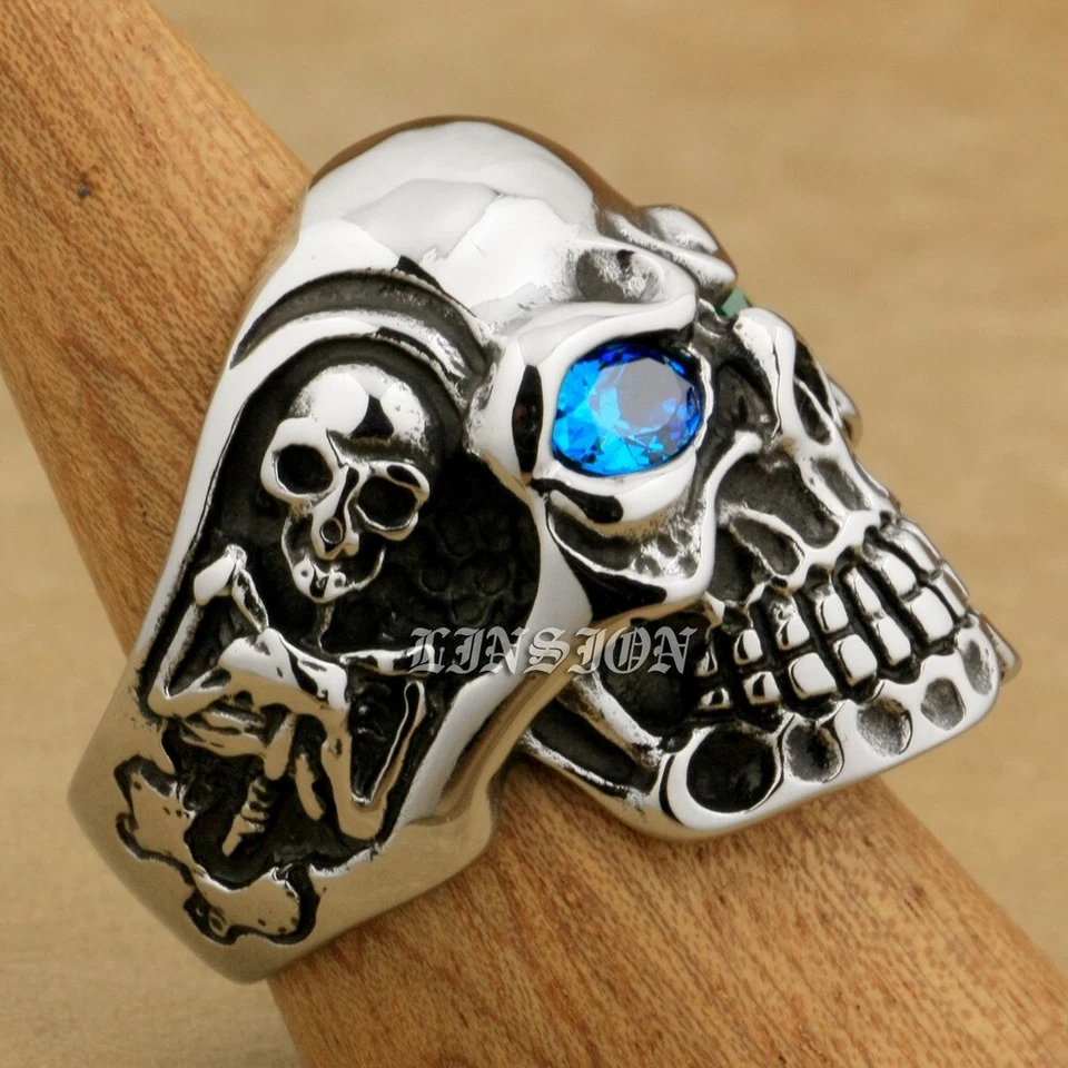 Синий зеленый CZ глаза 316L из нержавеющей стали Titan череп мужской мальчиков мотоциклиста кольцо 3A501D - Изображение 4 из 4