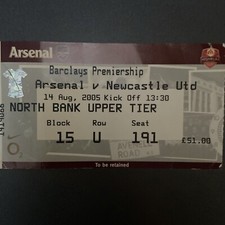 Arsenal v Newcastle United(Premiership 2005/06) 14/8/2005 Match Ticket