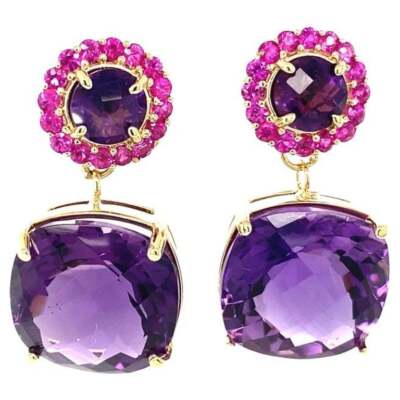 Roshe Jewels Ohrringe 11,24 kt Amethyst, Saphir Gelbgold Ohrhänger 14 Karat rund