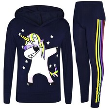 Kids Girls Xmas Tracksuit Unicorn Rainbow Dab Floss Navy Top Legging Set