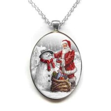 Christmas Santa Claus And Snowman With Gifts Oval Pendant Necklace
