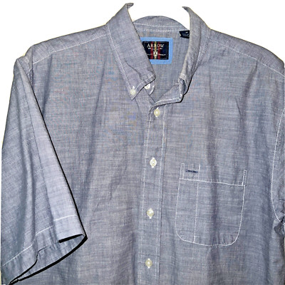 Arrow Men's Medium Blue Weave Short Sleeve Button Up Shirt  White Stitching