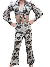 Vtg 60s XS S 2 Pc SET Top Pants Sheer Crop Shirt High Waist Flares Dagger OUTFIT