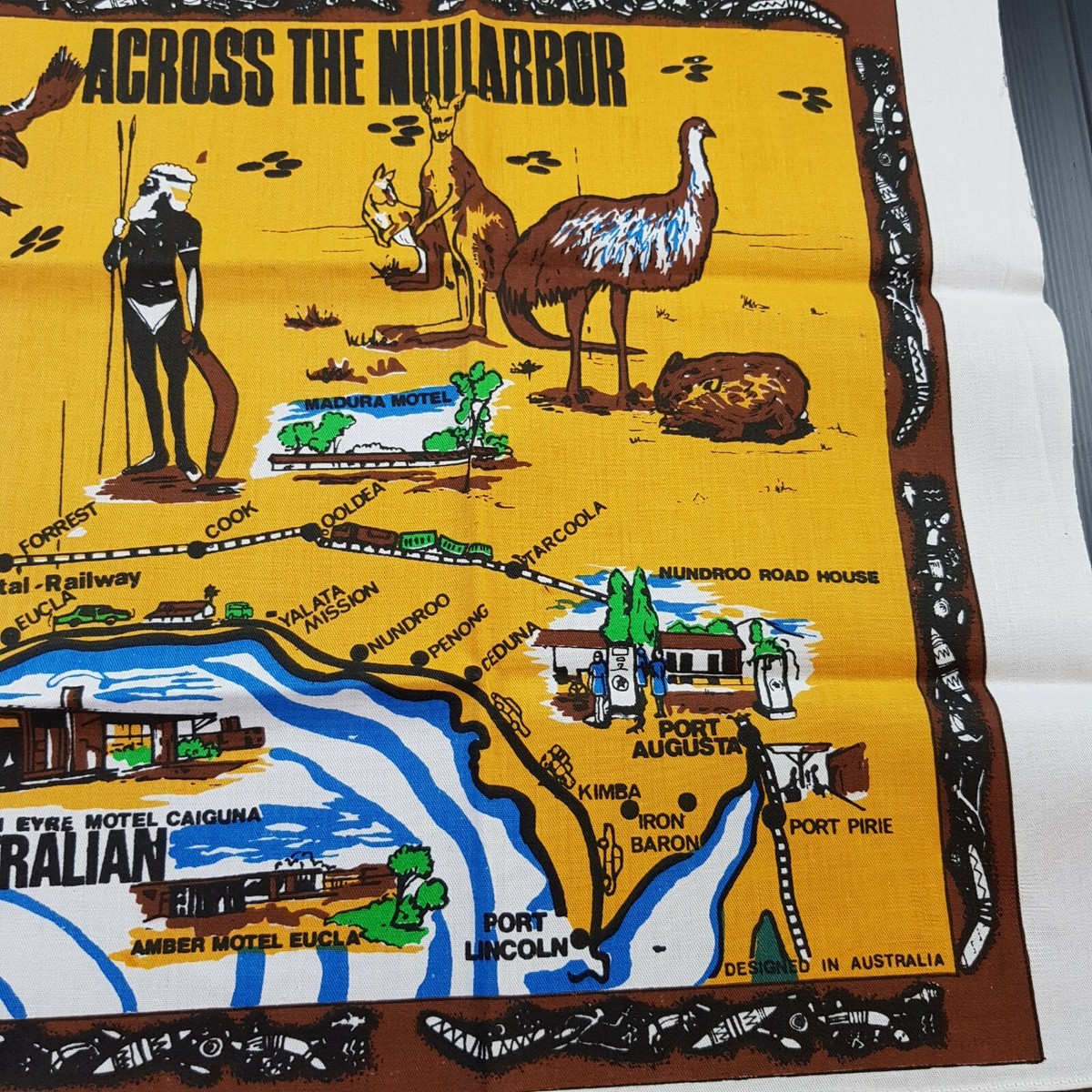 Vintage Souvenir Cotton Tea Towel Nullarbor Australia Aboriginal