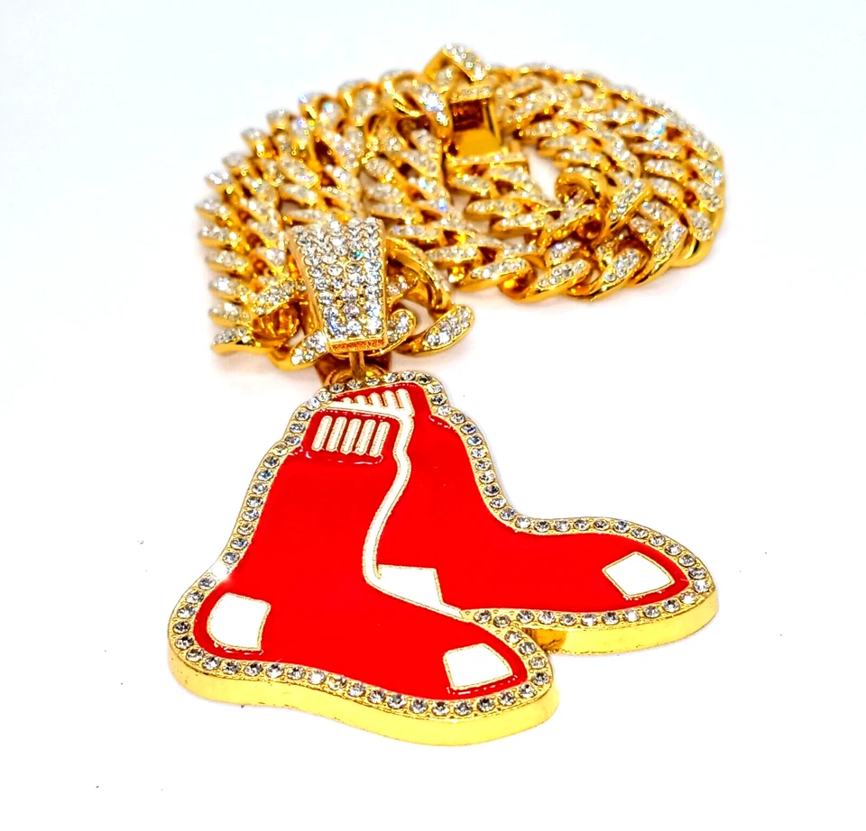 BOSTON RED SOX GEM NECKLACE Gold Hip Hop MLB Team Bling Pendant & 20" Chain - Image 3 of 4