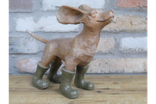 Dog Statue Ornament Face in Wind Figurine Garden Home Sculpture Green Boots 24cm