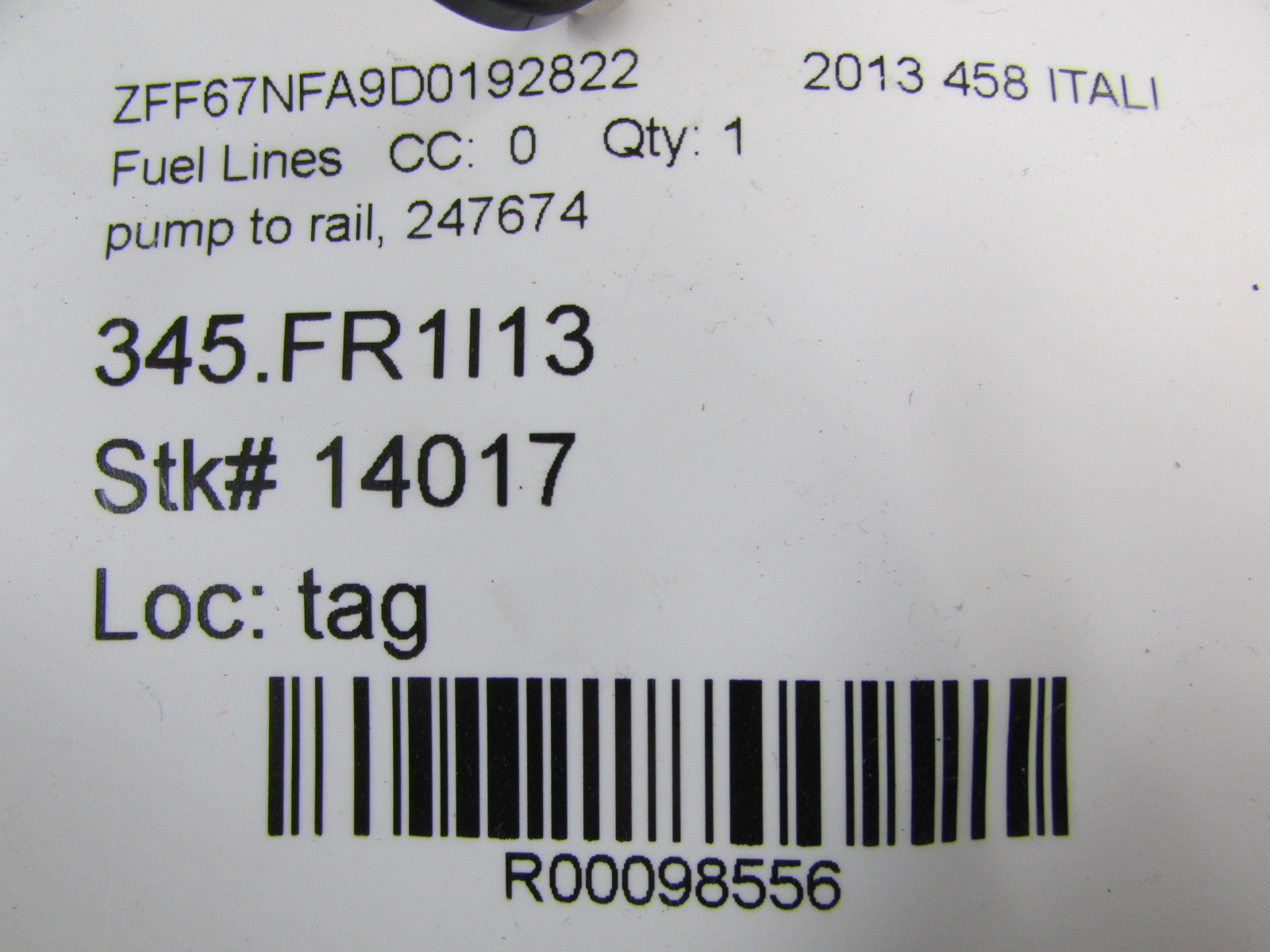 Ferrari 458 Italia, Fuel Pump to Rail Line, Used, P/N 247674