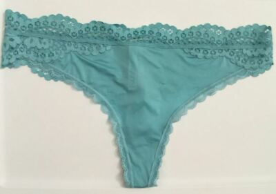 Victoria's Secret Teal Blue Thong Size XL Silky Body Lace Trim Body by Victoria
