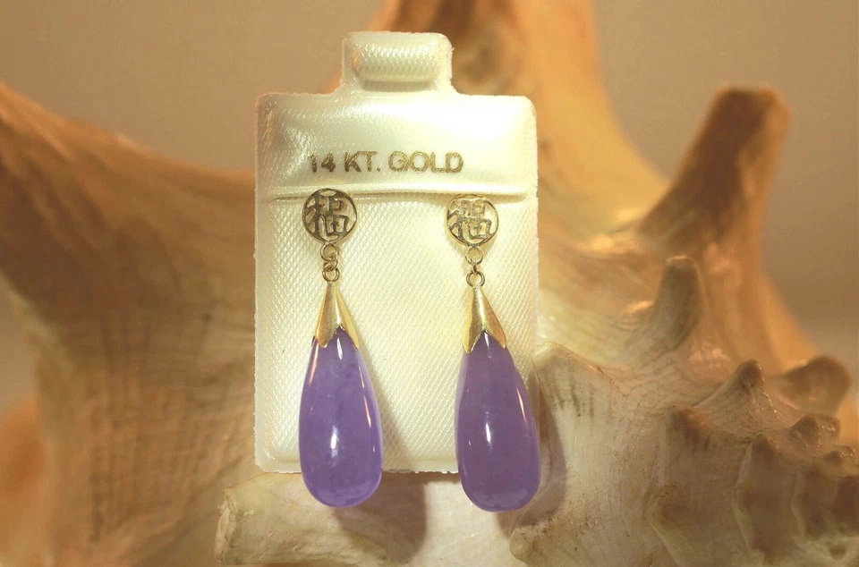 PENDIENTES COLGANTES 8MM ORO AMARILLO 14K BUENA FORTUNA LÁGRIMA LAVANDA JADE #2 Foto 2 de 4