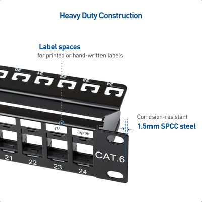 Rackmount or Wall Mount 1U 24 Port Keystone Patch Panel with Cable Management...