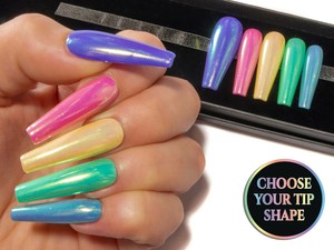 Pastel Rainbow Unicorn Chrome Coffin Press On Fake False Acrylic